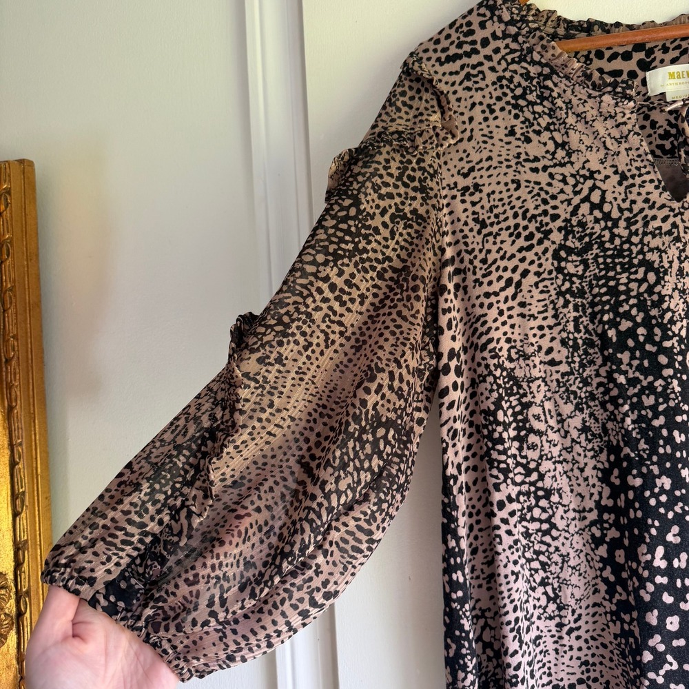 Maeve Anthropologie Animal Print Ruffle Balloon Sleeve Blouse Mauve Black Medium - Picture 3 of 9
